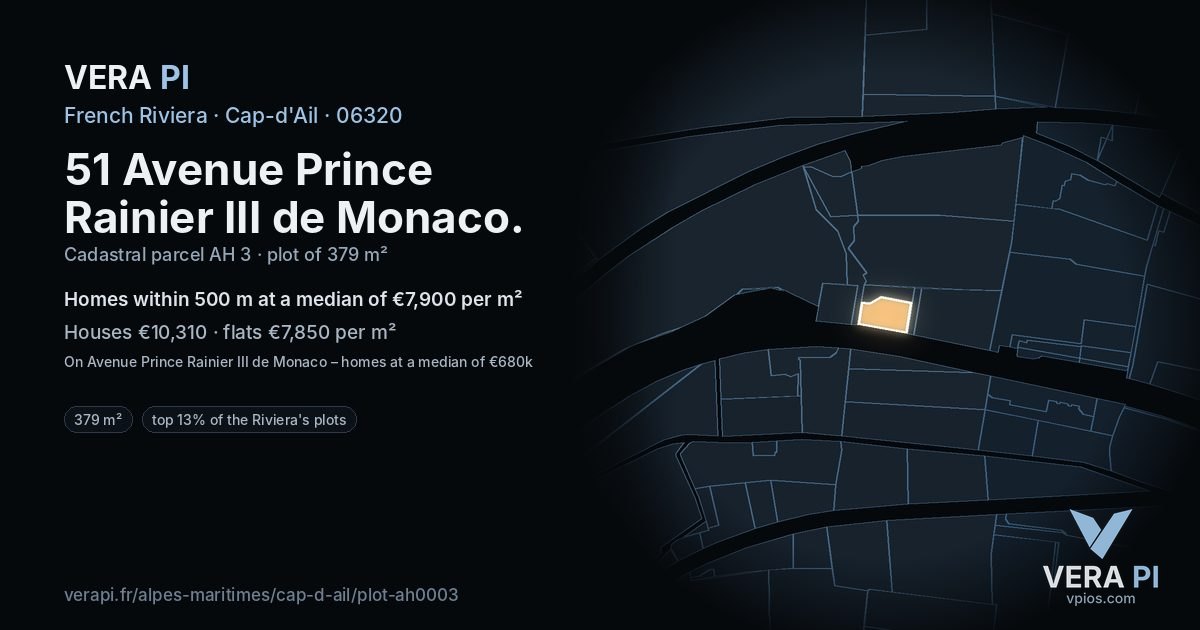 51 Avenue Prince Rainier III de Monaco, Cap-d'Ail at night – the plot lit, the parcels around coloured by the prices near them