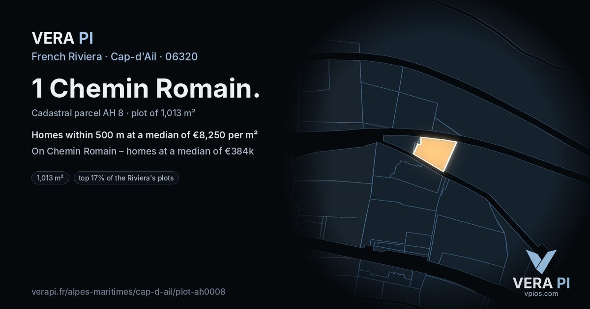 1 Chemin Romain, Cap-d'Ail at night – the plot lit, the parcels around coloured by the prices near them