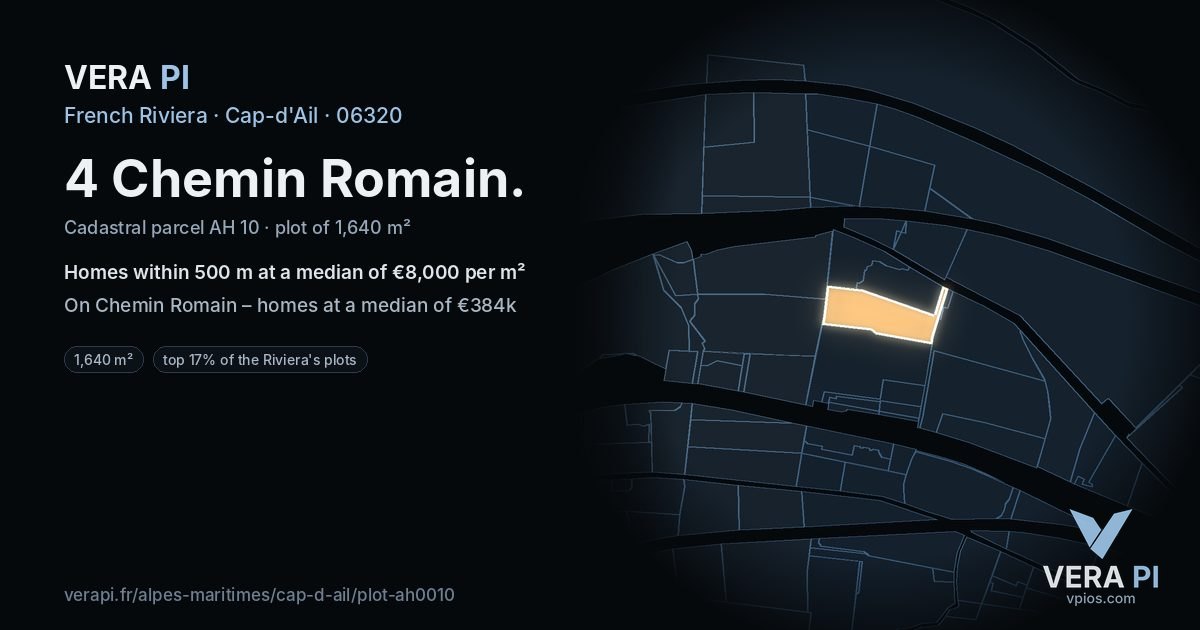 4 Chemin Romain, Cap-d'Ail at night – the plot lit, the parcels around coloured by the prices near them