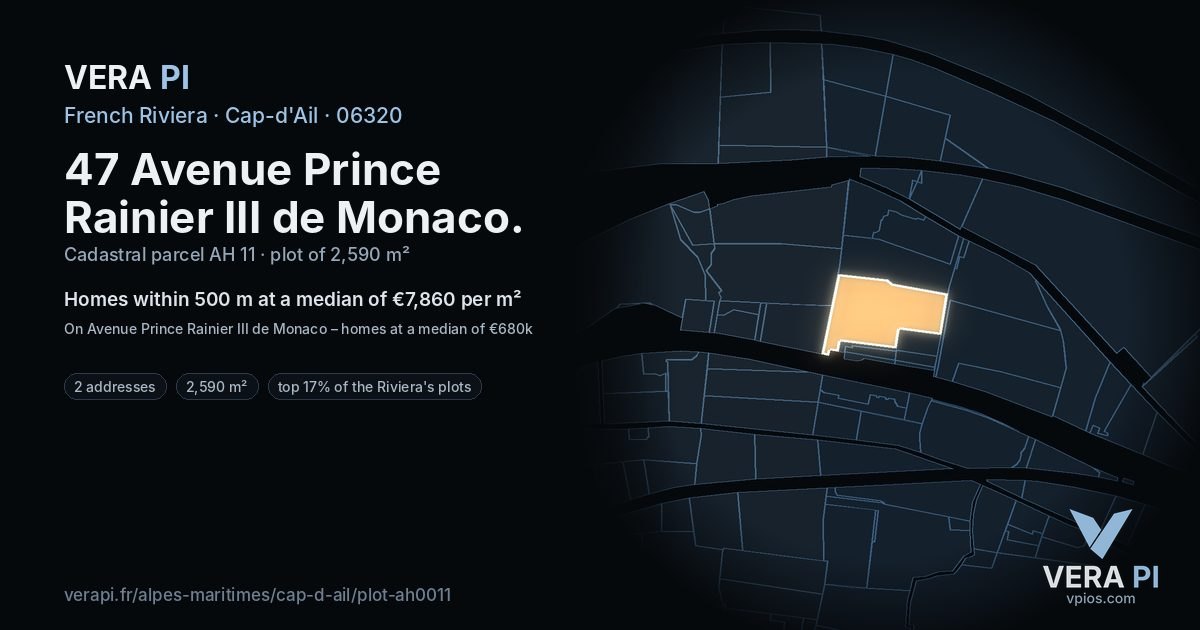 47 Avenue Prince Rainier III de Monaco, Cap-d'Ail at night – the plot lit, the parcels around coloured by the prices near them