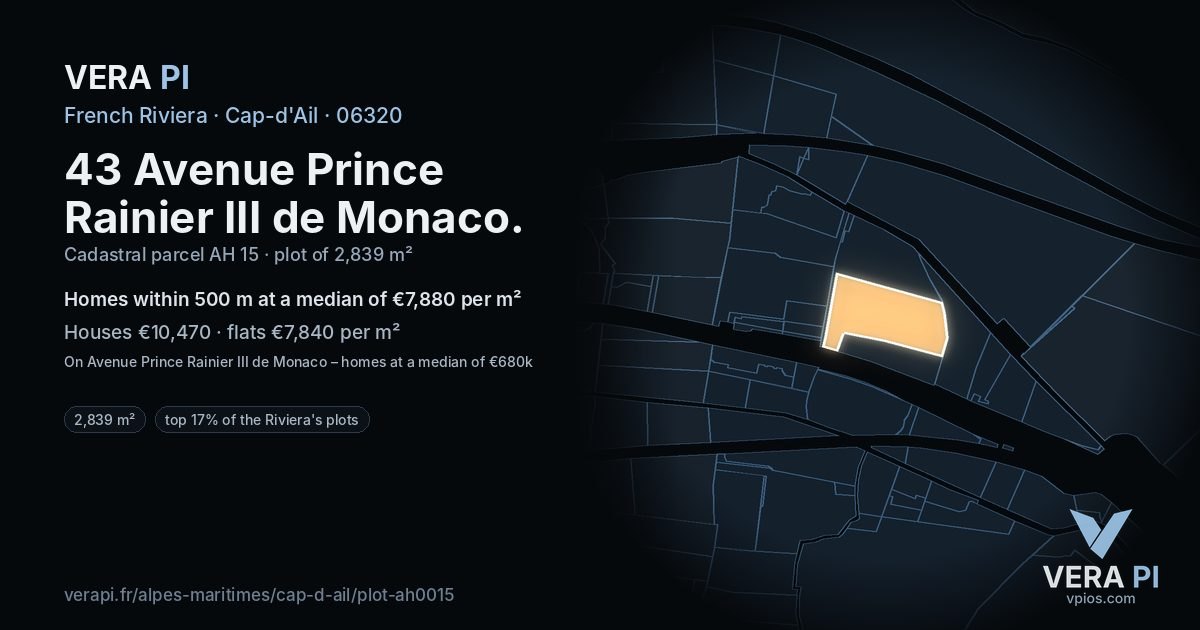 43 Avenue Prince Rainier III de Monaco, Cap-d'Ail at night – the plot lit, the parcels around coloured by the prices near them