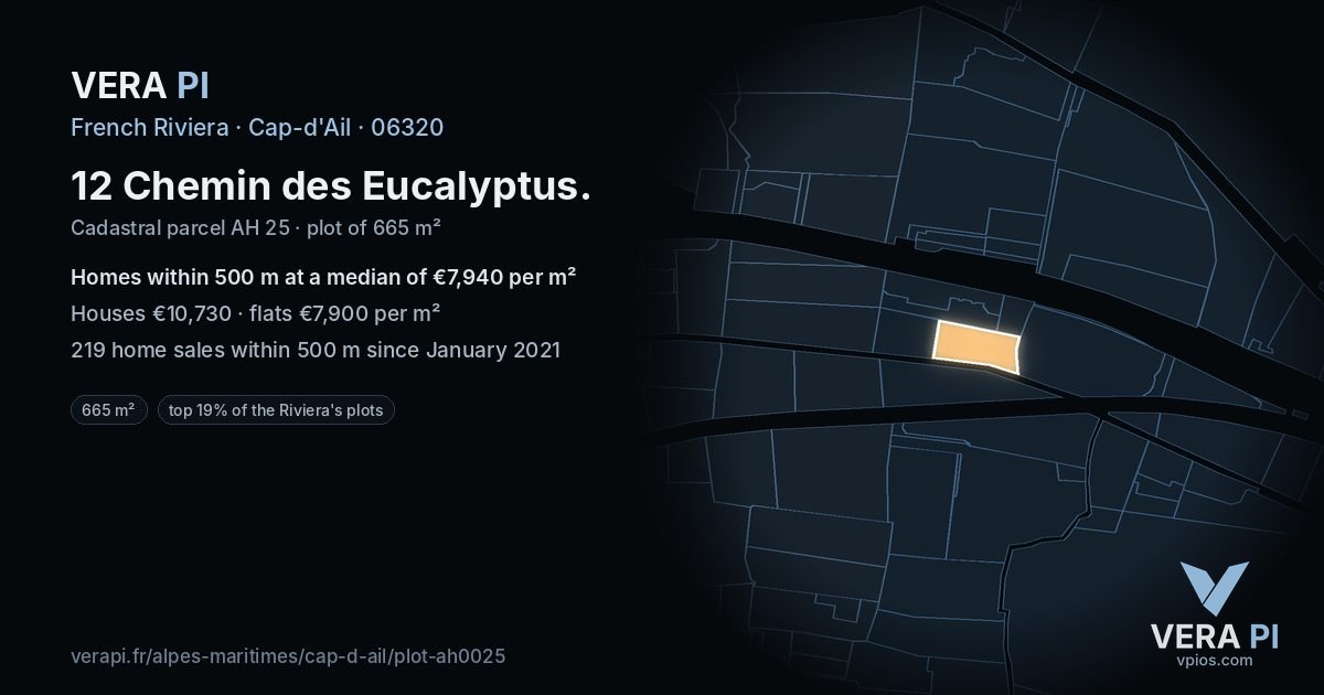 12 Chemin des Eucalyptus, Cap-d'Ail at night – the plot lit, the parcels around coloured by the prices near them