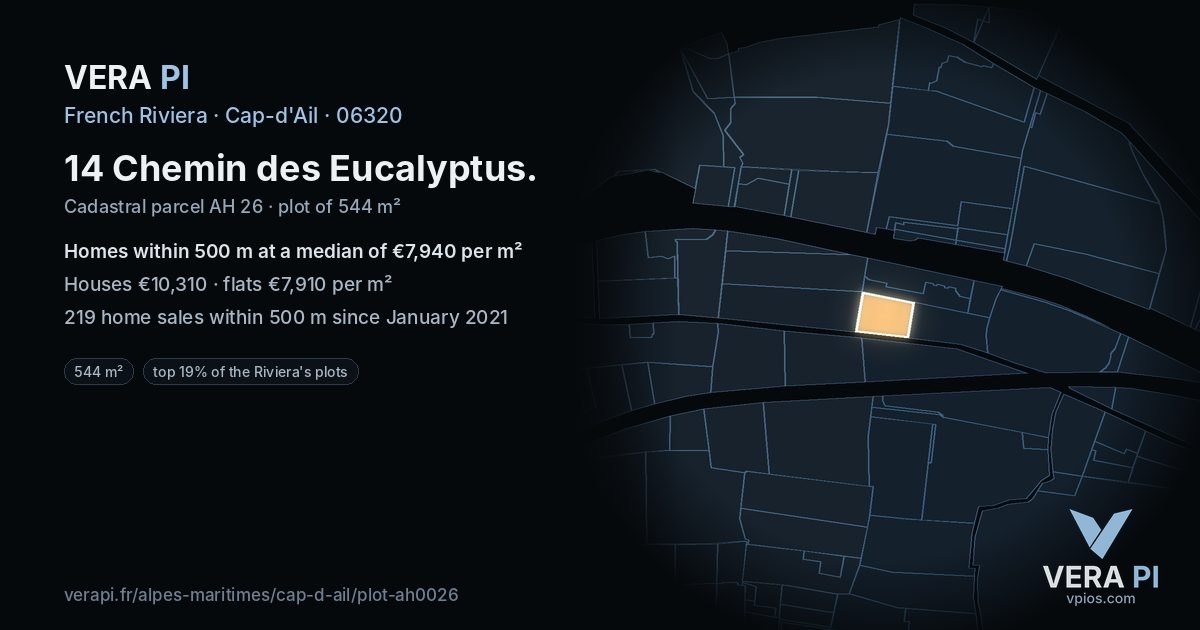14 Chemin des Eucalyptus, Cap-d'Ail at night – the plot lit, the parcels around coloured by the prices near them