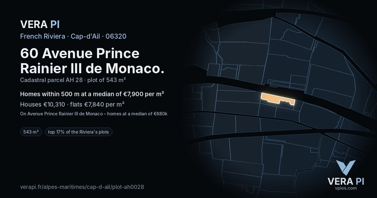 60 Avenue Prince Rainier III de Monaco, Cap-d'Ail at night – the plot lit, the parcels around coloured by the prices near them