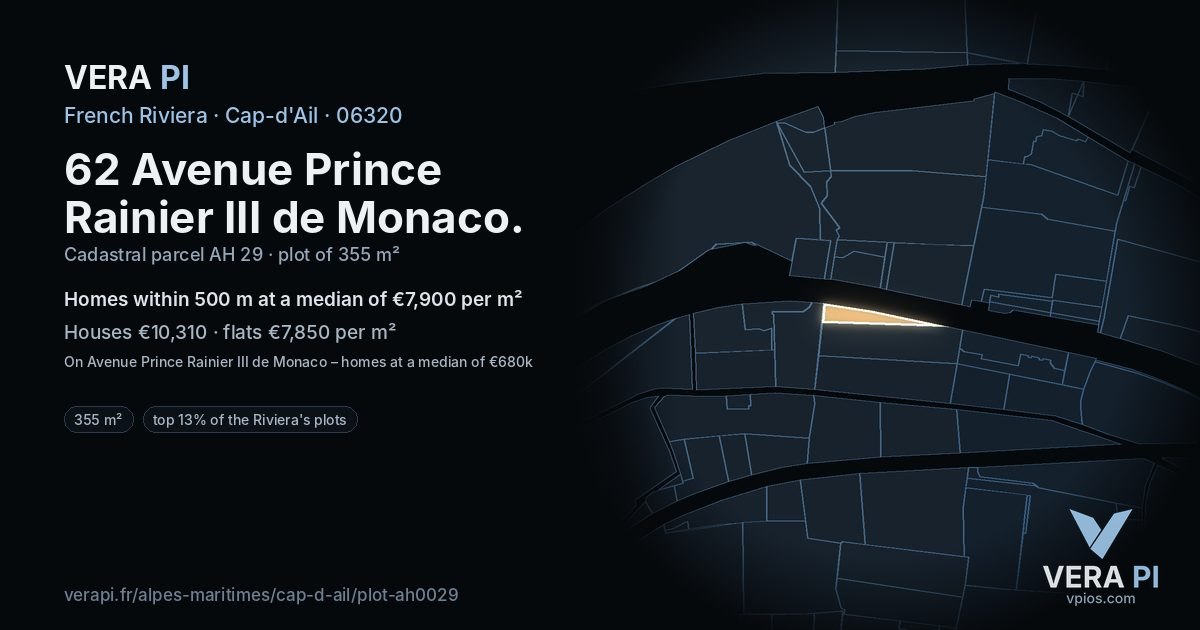 62 Avenue Prince Rainier III de Monaco, Cap-d'Ail at night – the plot lit, the parcels around coloured by the prices near them