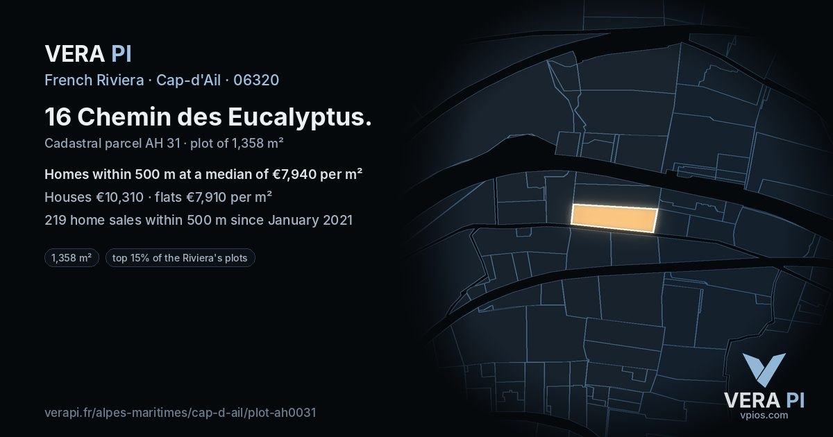 16 Chemin des Eucalyptus, Cap-d'Ail at night – the plot lit, the parcels around coloured by the prices near them