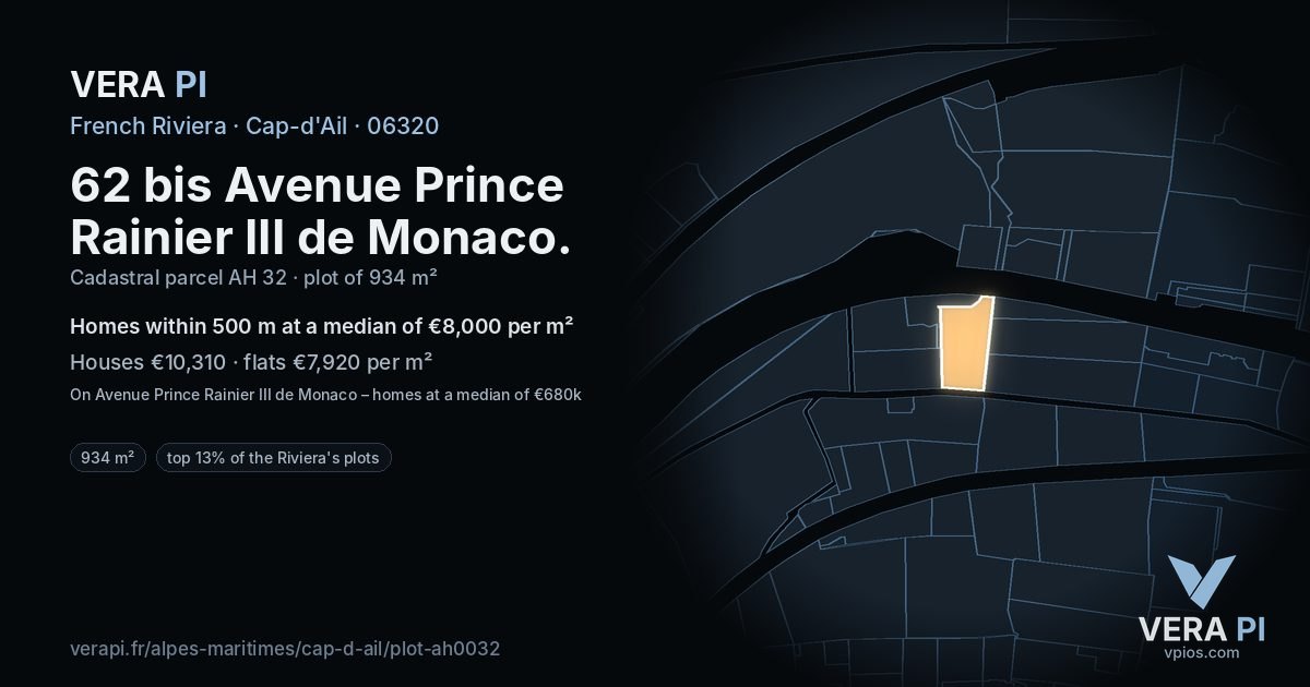 62 bis Avenue Prince Rainier III de Monaco, Cap-d'Ail at night – the plot lit, the parcels around coloured by the prices near them
