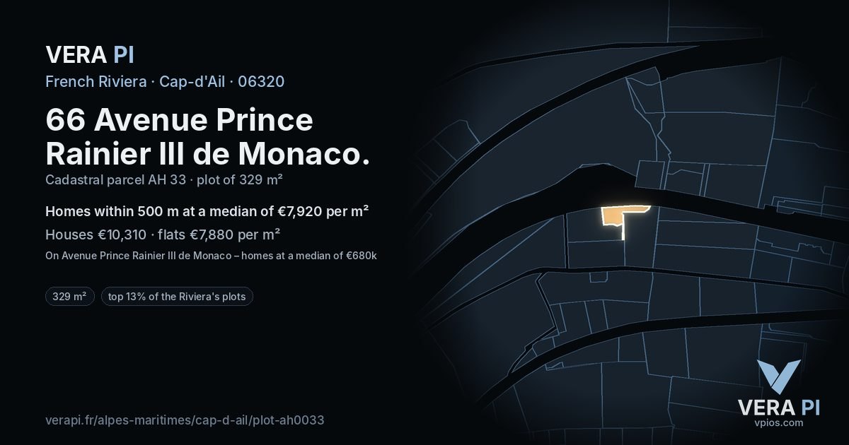 66 Avenue Prince Rainier III de Monaco, Cap-d'Ail at night – the plot lit, the parcels around coloured by the prices near them