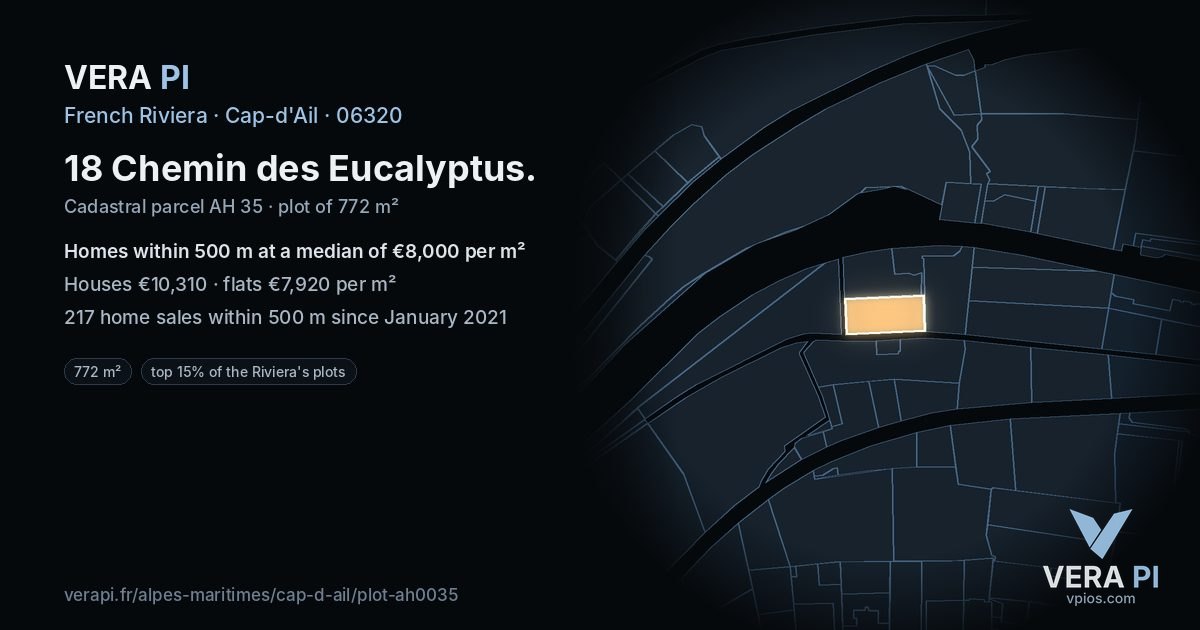 18 Chemin des Eucalyptus, Cap-d'Ail at night – the plot lit, the parcels around coloured by the prices near them