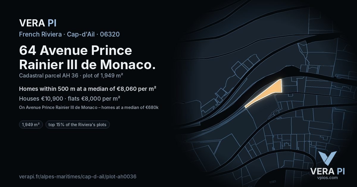 64 Avenue Prince Rainier III de Monaco, Cap-d'Ail at night – the plot lit, the parcels around coloured by the prices near them