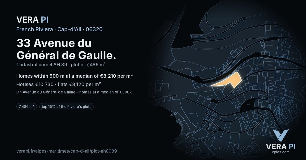 33 Avenue du Général de Gaulle, Cap-d'Ail at night – the plot lit, the parcels around coloured by the prices near them