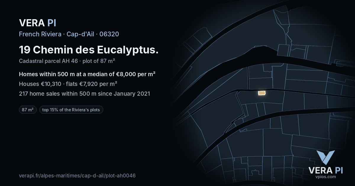 19 Chemin des Eucalyptus, Cap-d'Ail at night – the plot lit, the parcels around coloured by the prices near them