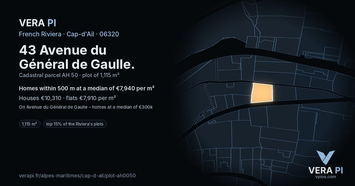 43 Avenue du Général de Gaulle, Cap-d'Ail at night – the plot lit, the parcels around coloured by the prices near them