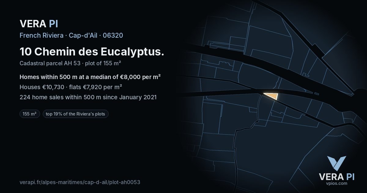 10 Chemin des Eucalyptus, Cap-d'Ail at night – the plot lit, the parcels around coloured by the prices near them