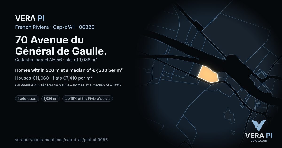 70 Avenue du Général de Gaulle, Cap-d'Ail at night – the plot lit, the parcels around coloured by the prices near them