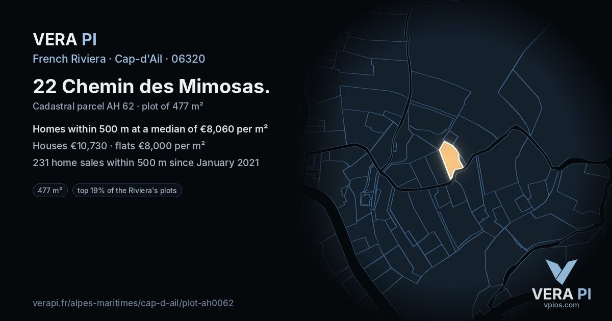 22 Chemin des Mimosas, Cap-d'Ail at night – the plot lit, the parcels around coloured by the prices near them