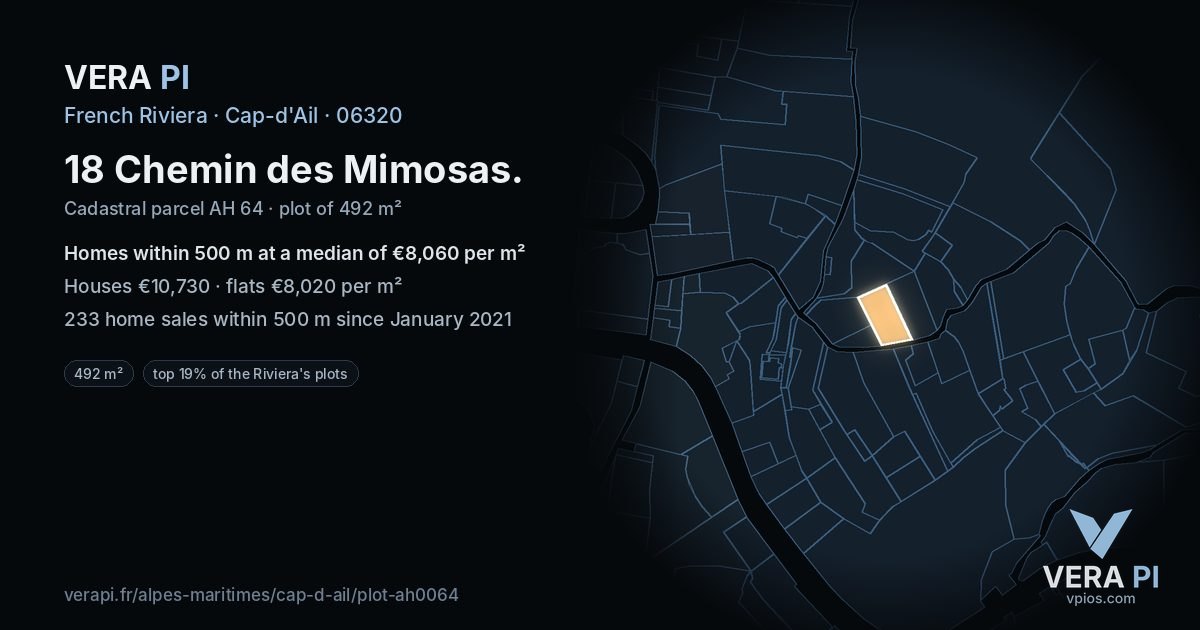 18 Chemin des Mimosas, Cap-d'Ail at night – the plot lit, the parcels around coloured by the prices near them