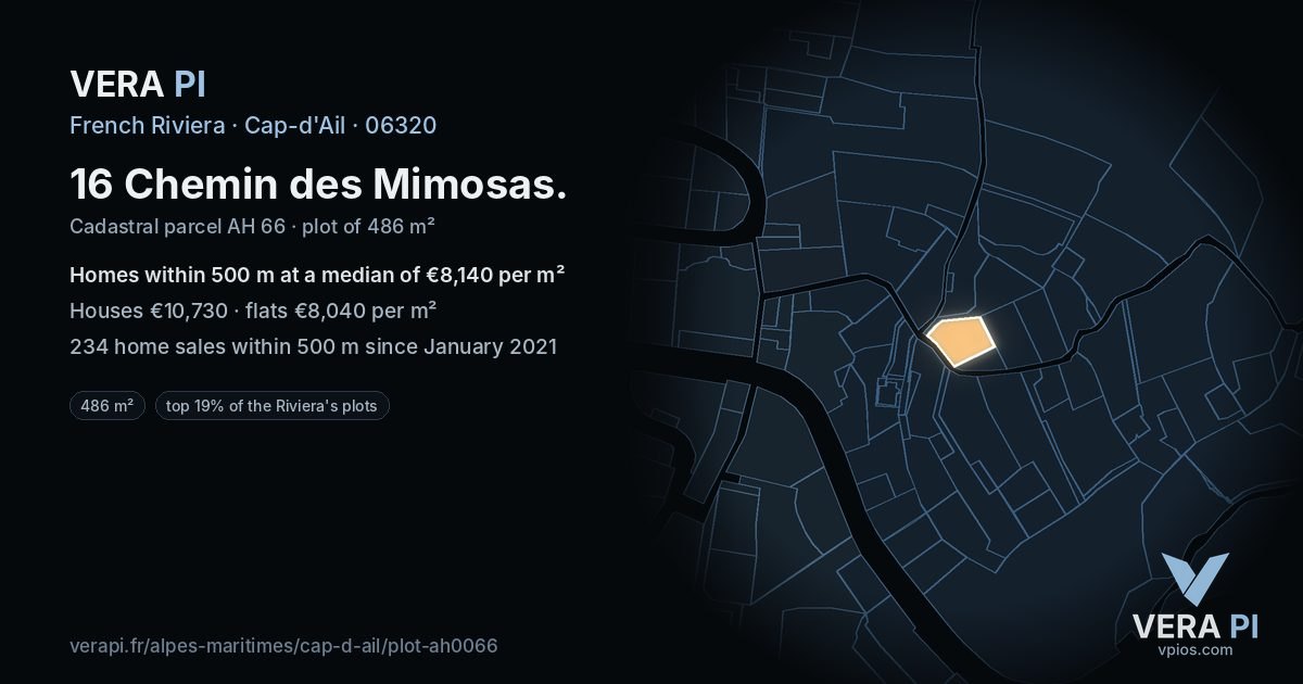 16 Chemin des Mimosas, Cap-d'Ail at night – the plot lit, the parcels around coloured by the prices near them
