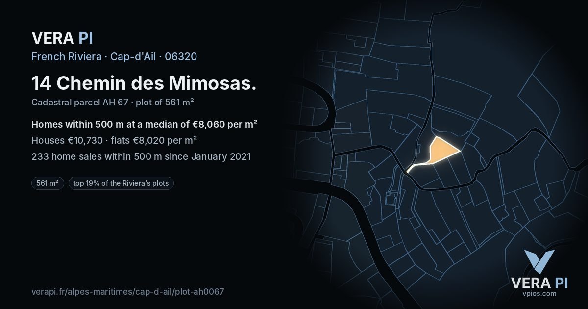 14 Chemin des Mimosas, Cap-d'Ail at night – the plot lit, the parcels around coloured by the prices near them
