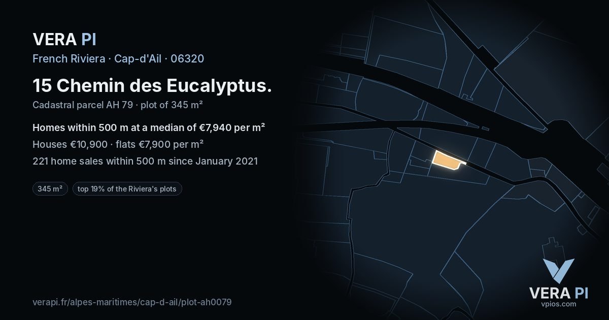 15 Chemin des Eucalyptus, Cap-d'Ail at night – the plot lit, the parcels around coloured by the prices near them