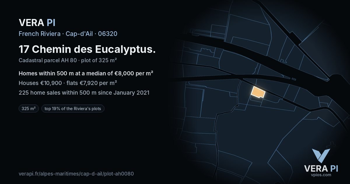 17 Chemin des Eucalyptus, Cap-d'Ail at night – the plot lit, the parcels around coloured by the prices near them
