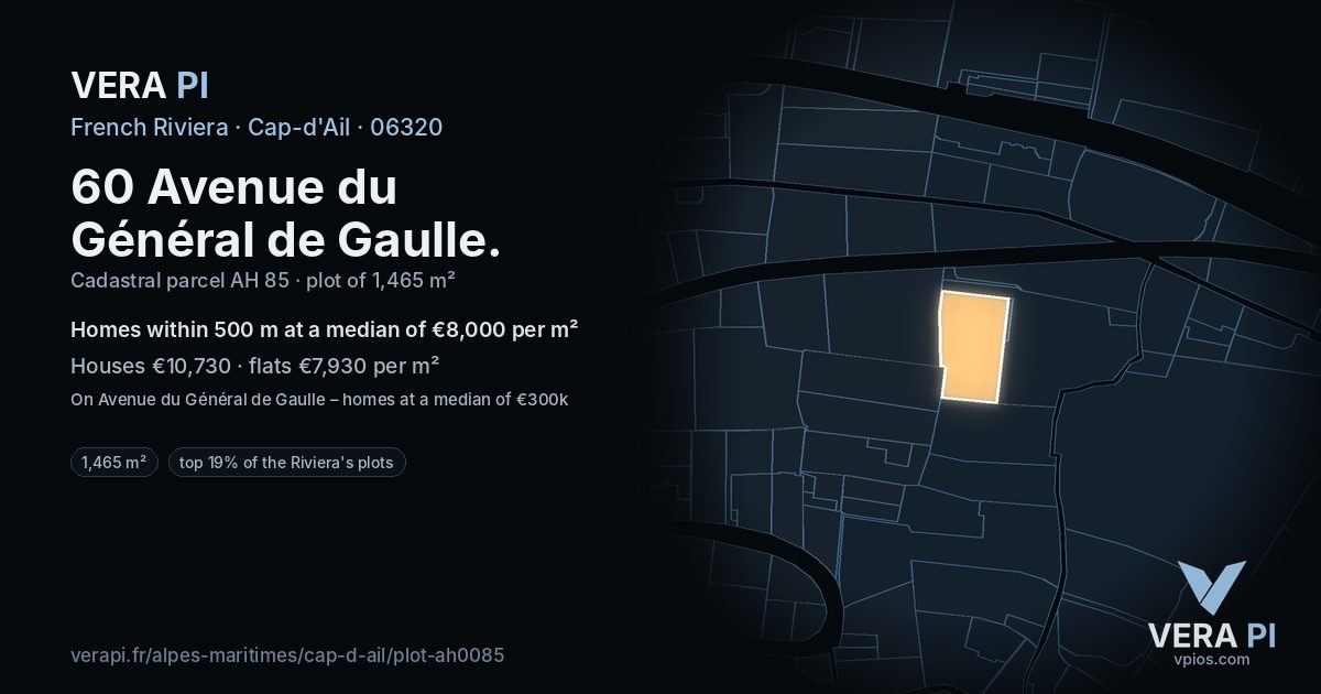 60 Avenue du Général de Gaulle, Cap-d'Ail at night – the plot lit, the parcels around coloured by the prices near them