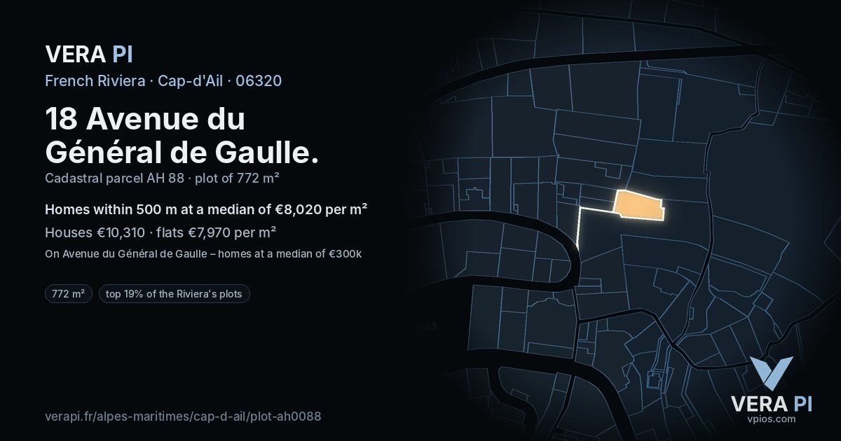 18 Avenue du Général de Gaulle, Cap-d'Ail at night – the plot lit, the parcels around coloured by the prices near them