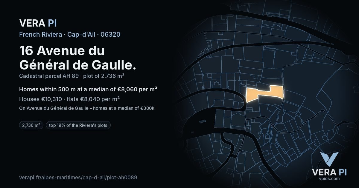 16 Avenue du Général de Gaulle, Cap-d'Ail at night – the plot lit, the parcels around coloured by the prices near them