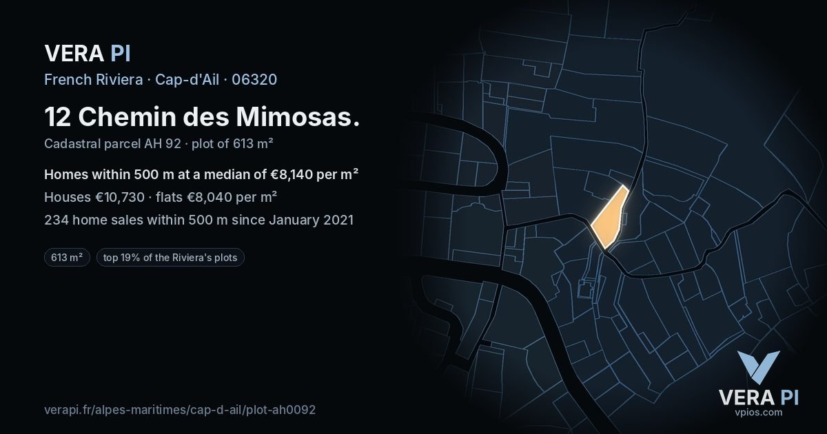 12 Chemin des Mimosas, Cap-d'Ail at night – the plot lit, the parcels around coloured by the prices near them