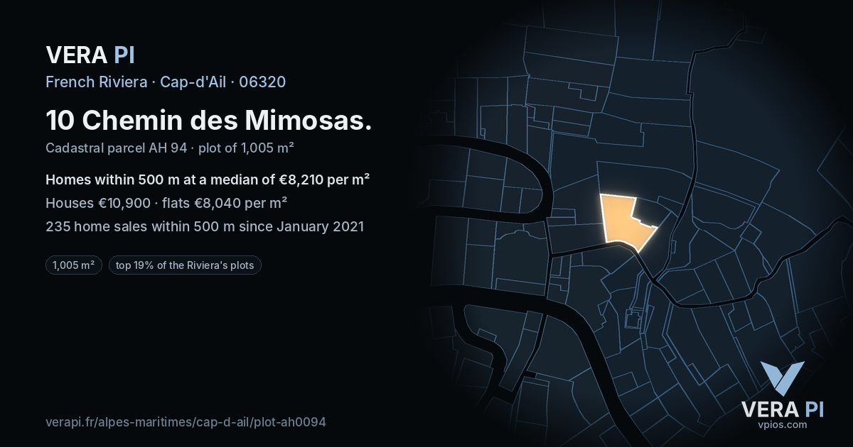 10 Chemin des Mimosas, Cap-d'Ail at night – the plot lit, the parcels around coloured by the prices near them