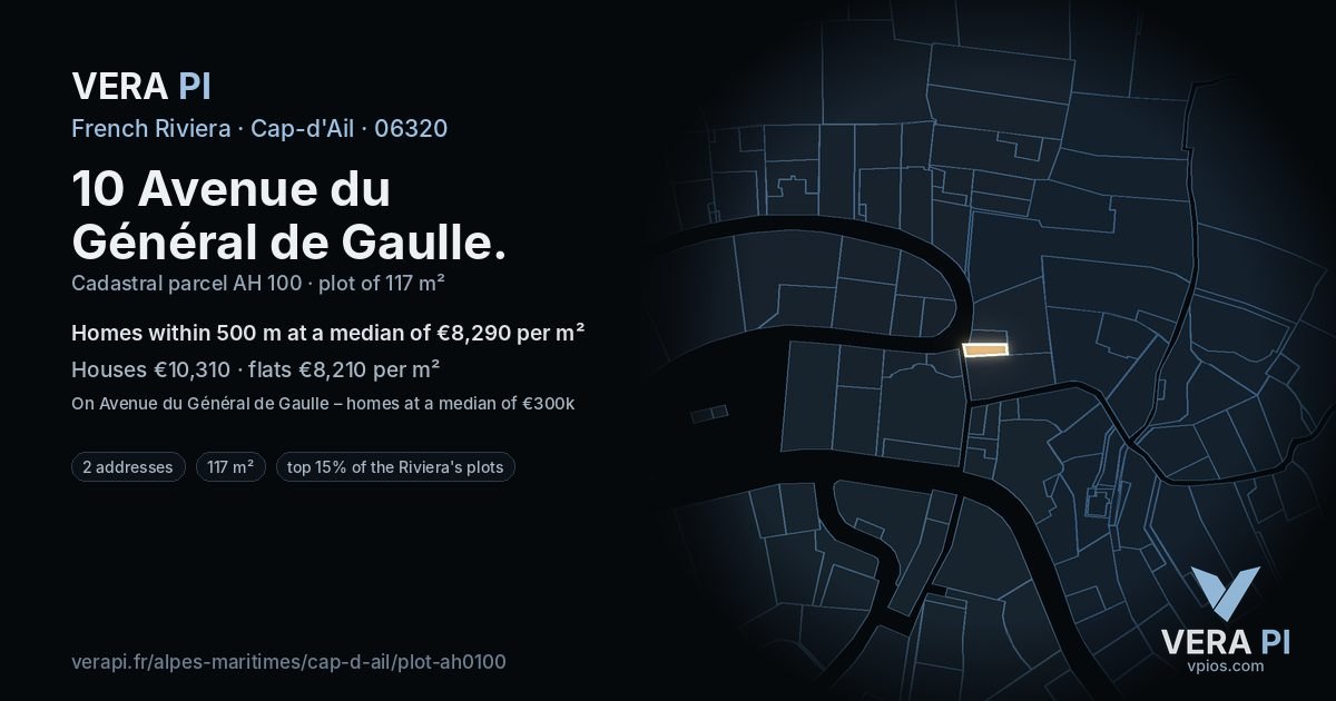 10 Avenue du Général de Gaulle, Cap-d'Ail at night – the plot lit, the parcels around coloured by the prices near them