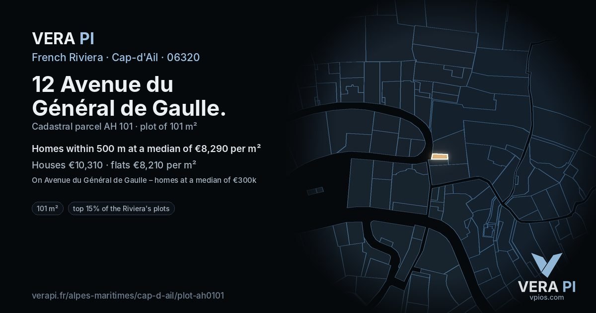 12 Avenue du Général de Gaulle, Cap-d'Ail at night – the plot lit, the parcels around coloured by the prices near them