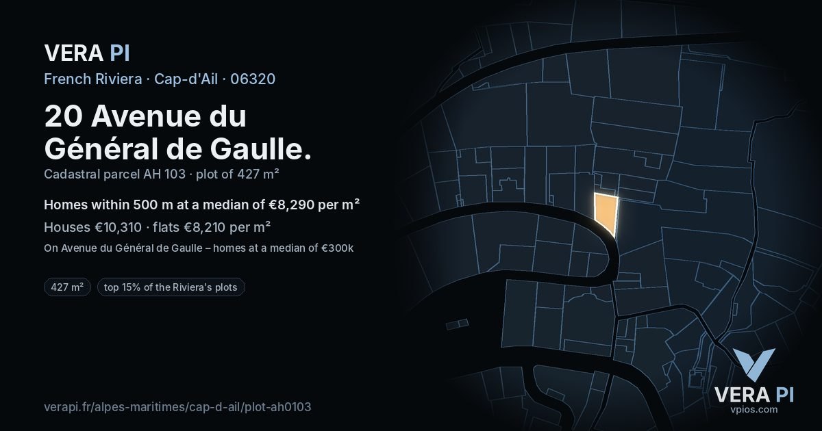 20 Avenue du Général de Gaulle, Cap-d'Ail at night – the plot lit, the parcels around coloured by the prices near them