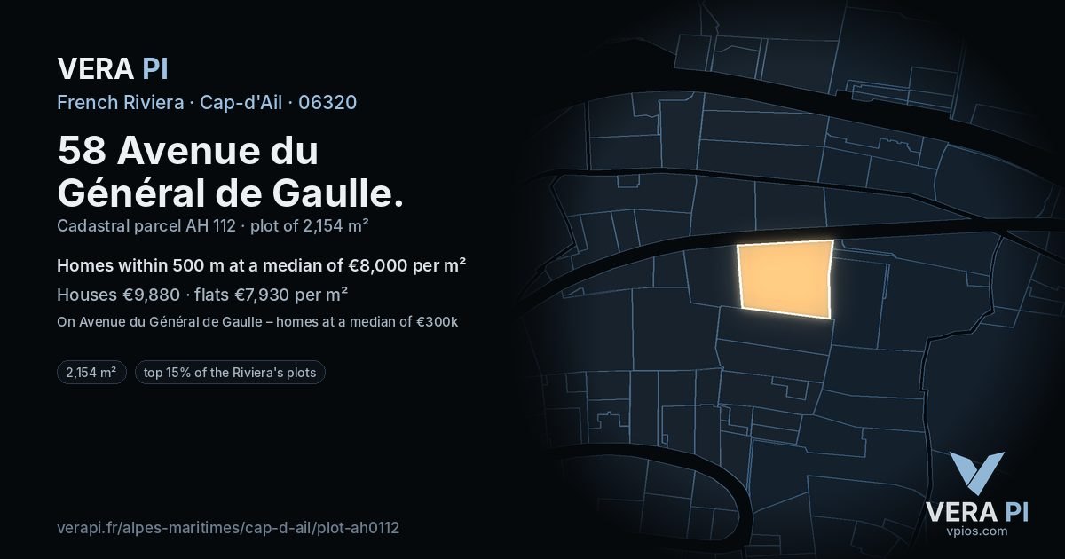 58 Avenue du Général de Gaulle, Cap-d'Ail at night – the plot lit, the parcels around coloured by the prices near them