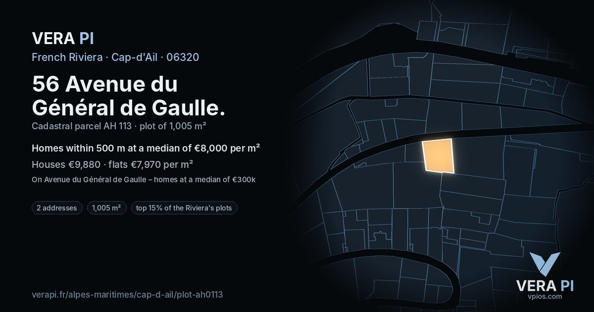 56 Avenue du Général de Gaulle, Cap-d'Ail at night – the plot lit, the parcels around coloured by the prices near them
