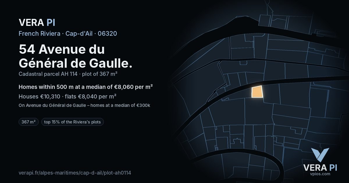 54 Avenue du Général de Gaulle, Cap-d'Ail at night – the plot lit, the parcels around coloured by the prices near them