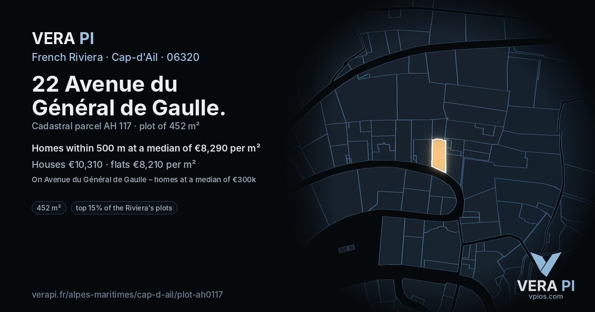 22 Avenue du Général de Gaulle, Cap-d'Ail at night – the plot lit, the parcels around coloured by the prices near them