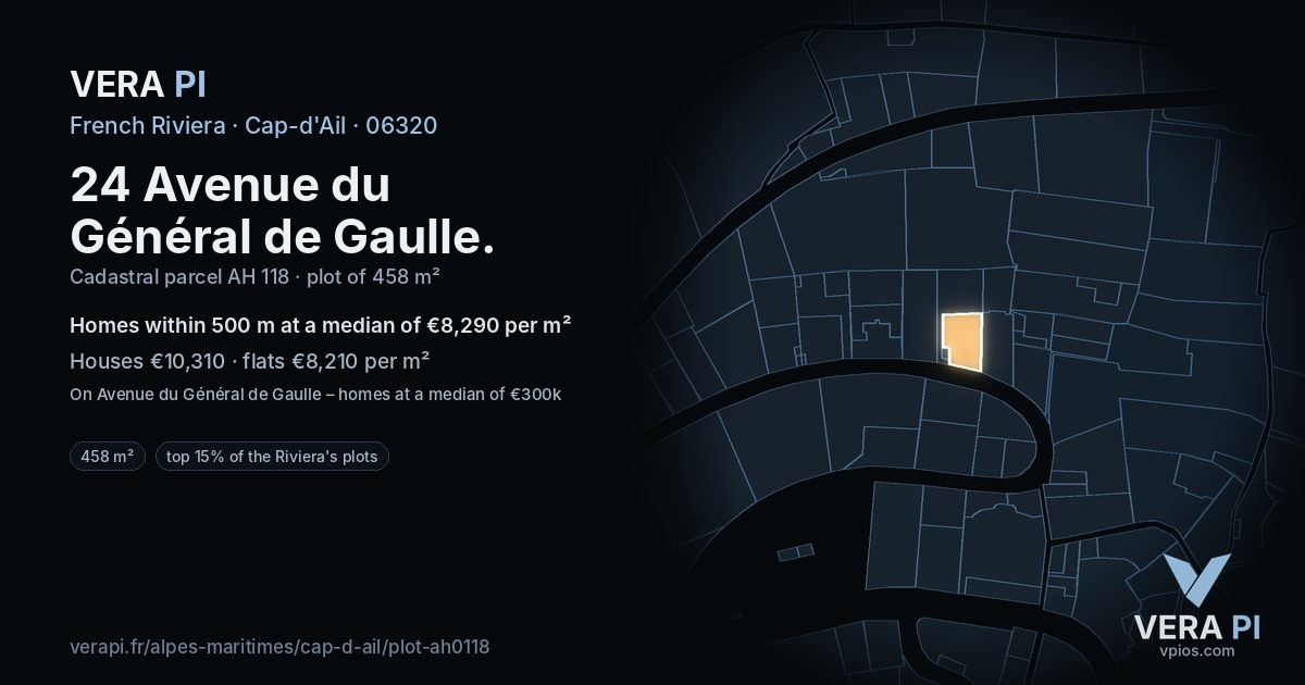 24 Avenue du Général de Gaulle, Cap-d'Ail at night – the plot lit, the parcels around coloured by the prices near them