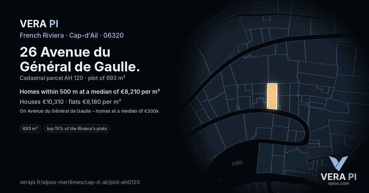 26 Avenue du Général de Gaulle, Cap-d'Ail at night – the plot lit, the parcels around coloured by the prices near them