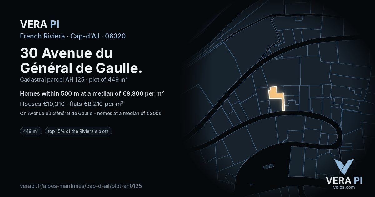 30 Avenue du Général de Gaulle, Cap-d'Ail at night – the plot lit, the parcels around coloured by the prices near them