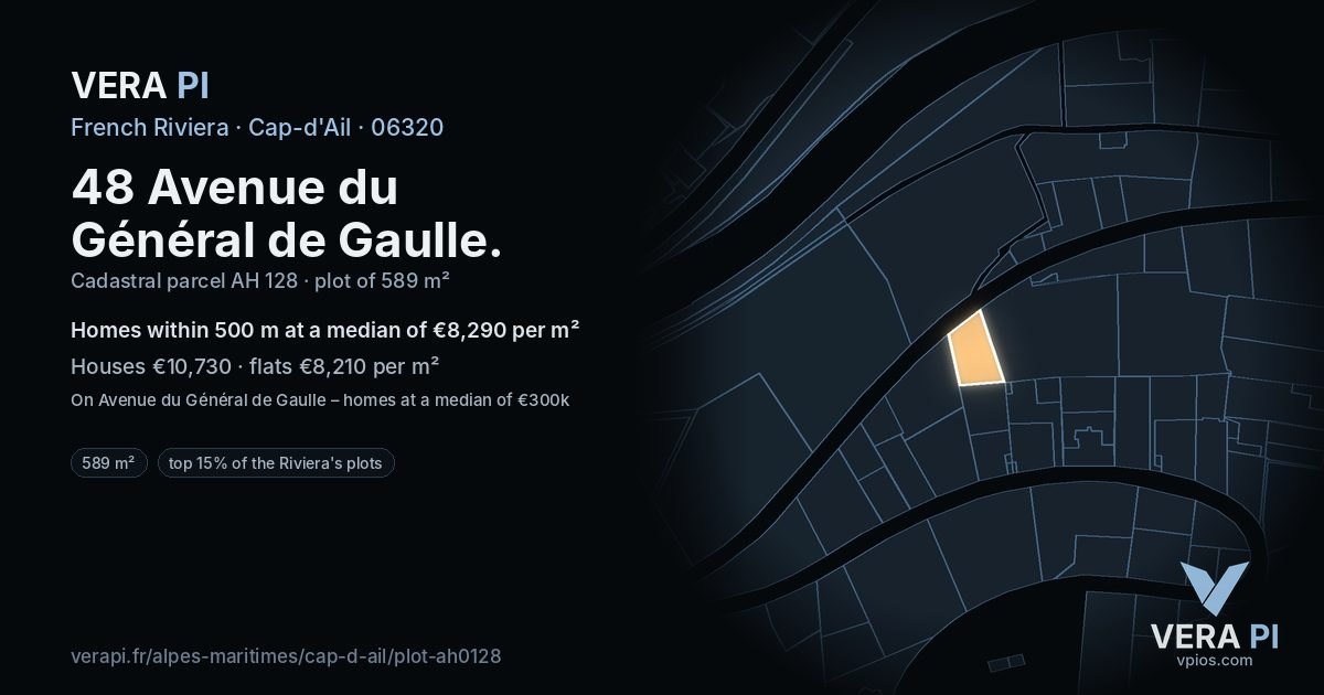 48 Avenue du Général de Gaulle, Cap-d'Ail at night – the plot lit, the parcels around coloured by the prices near them