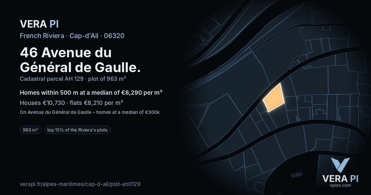 46 Avenue du Général de Gaulle, Cap-d'Ail at night – the plot lit, the parcels around coloured by the prices near them