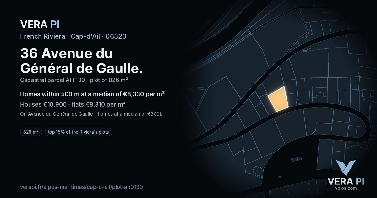 36 Avenue du Général de Gaulle, Cap-d'Ail at night – the plot lit, the parcels around coloured by the prices near them