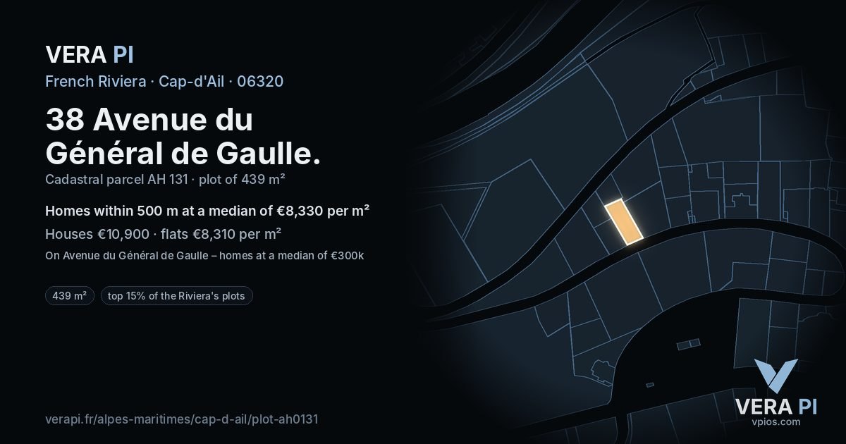 38 Avenue du Général de Gaulle, Cap-d'Ail at night – the plot lit, the parcels around coloured by the prices near them