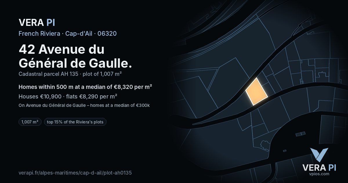 42 Avenue du Général de Gaulle, Cap-d'Ail at night – the plot lit, the parcels around coloured by the prices near them
