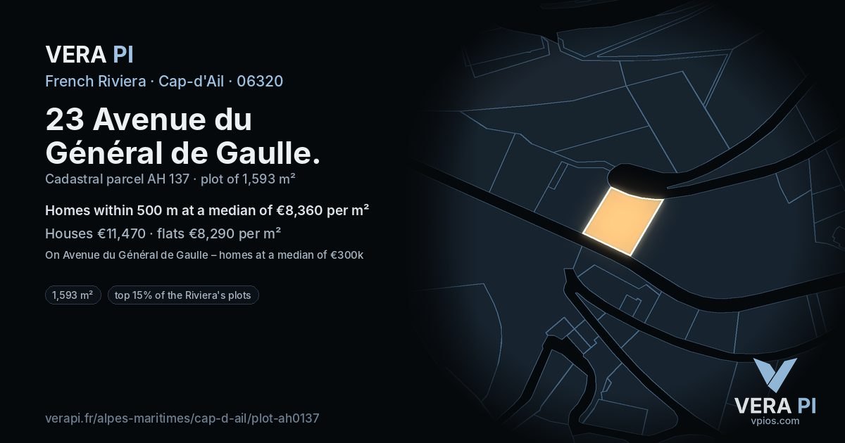 23 Avenue du Général de Gaulle, Cap-d'Ail at night – the plot lit, the parcels around coloured by the prices near them