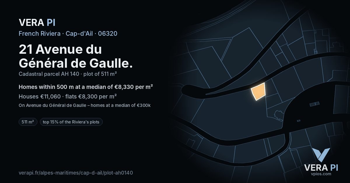 21 Avenue du Général de Gaulle, Cap-d'Ail at night – the plot lit, the parcels around coloured by the prices near them
