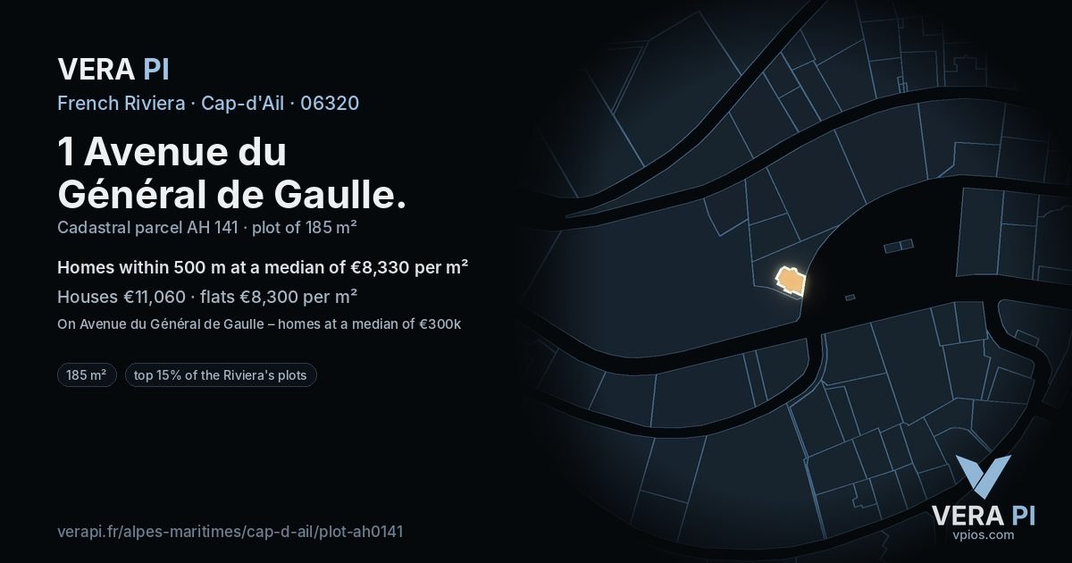 1 Avenue du Général de Gaulle, Cap-d'Ail at night – the plot lit, the parcels around coloured by the prices near them