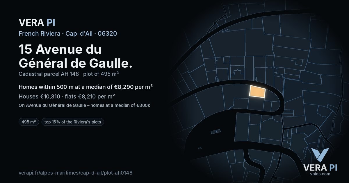 15 Avenue du Général de Gaulle, Cap-d'Ail at night – the plot lit, the parcels around coloured by the prices near them