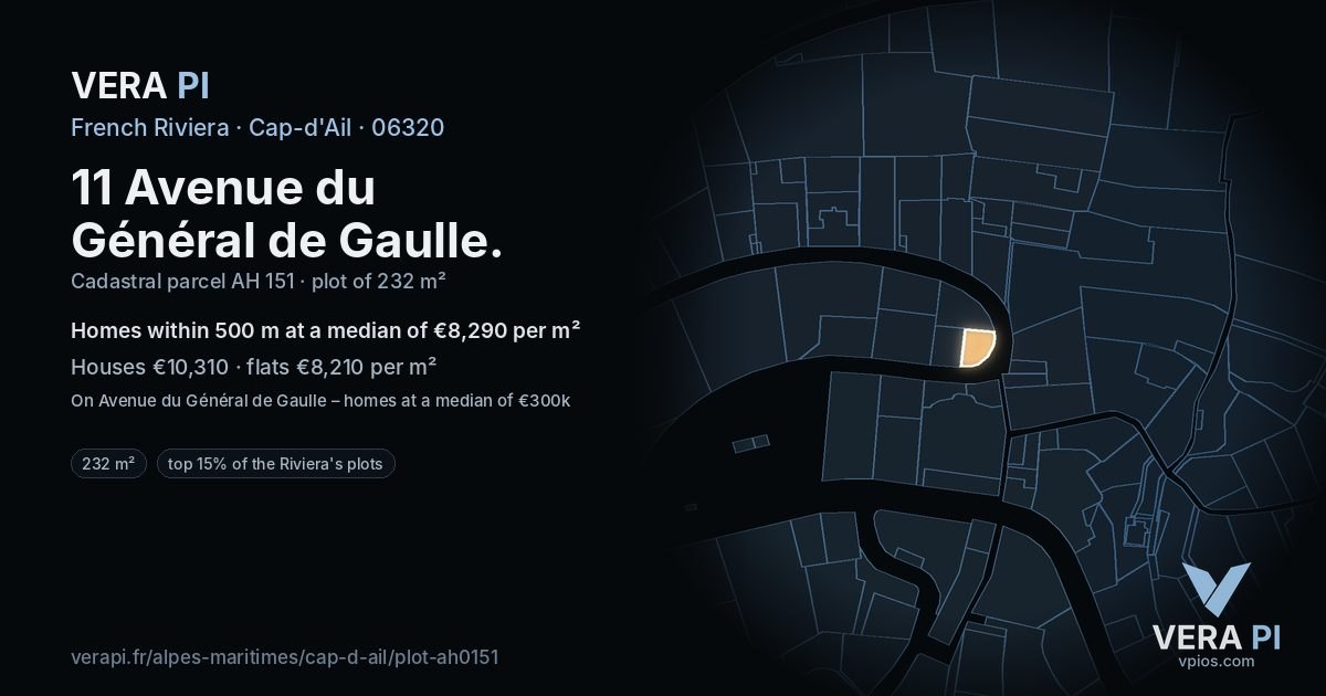 11 Avenue du Général de Gaulle, Cap-d'Ail at night – the plot lit, the parcels around coloured by the prices near them